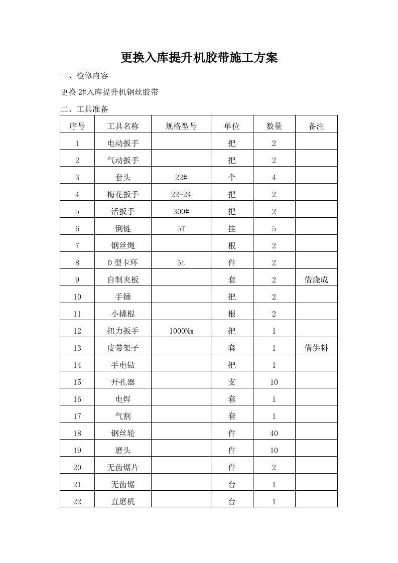 更换入库提升机胶带施工方案