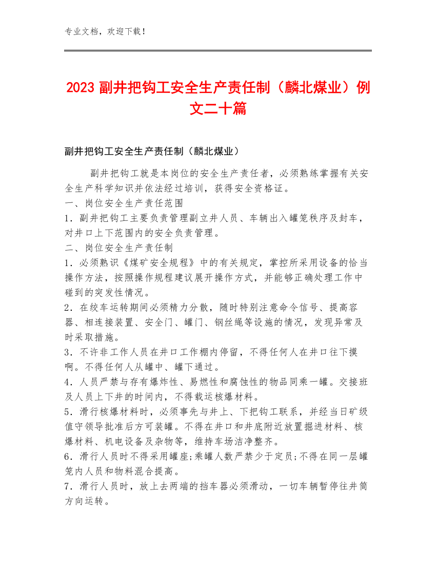 2023副井把钩工安全生产责任制（麟北煤业）例文二十篇