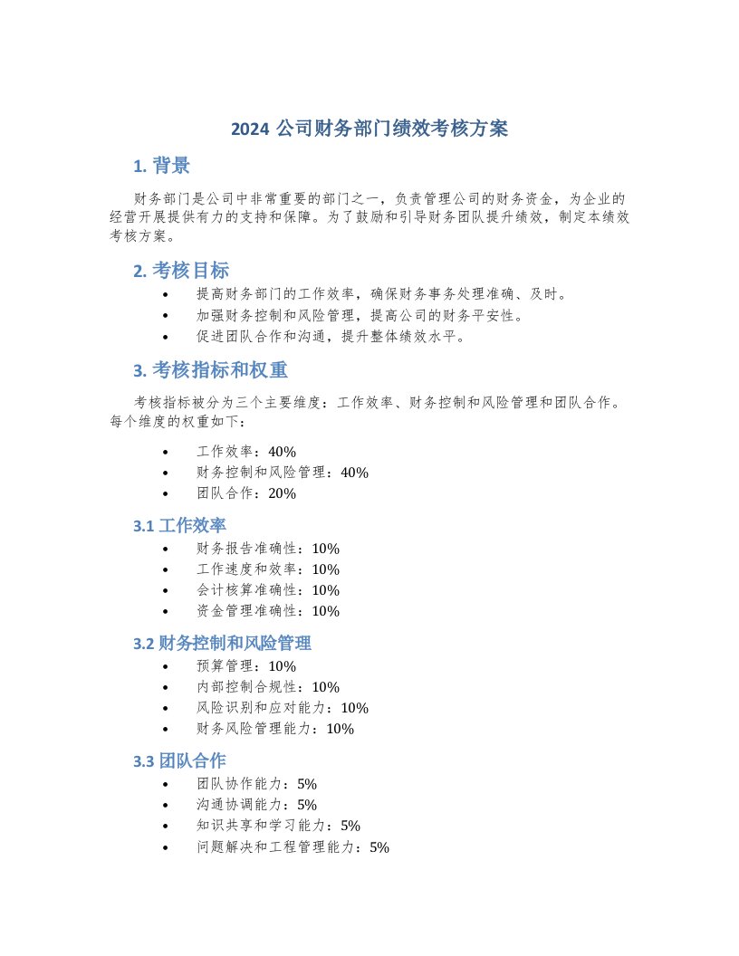 2024公司财务部门绩效考核方案