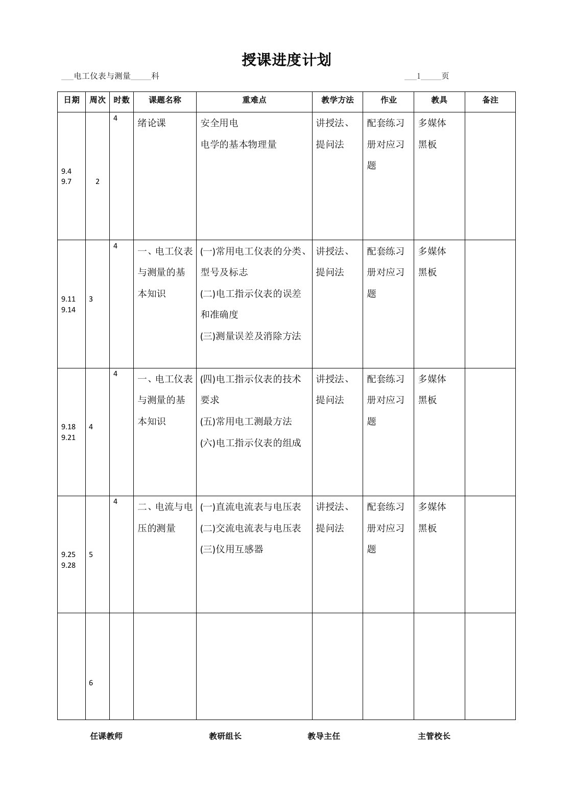 电工仪表与测量教学计划