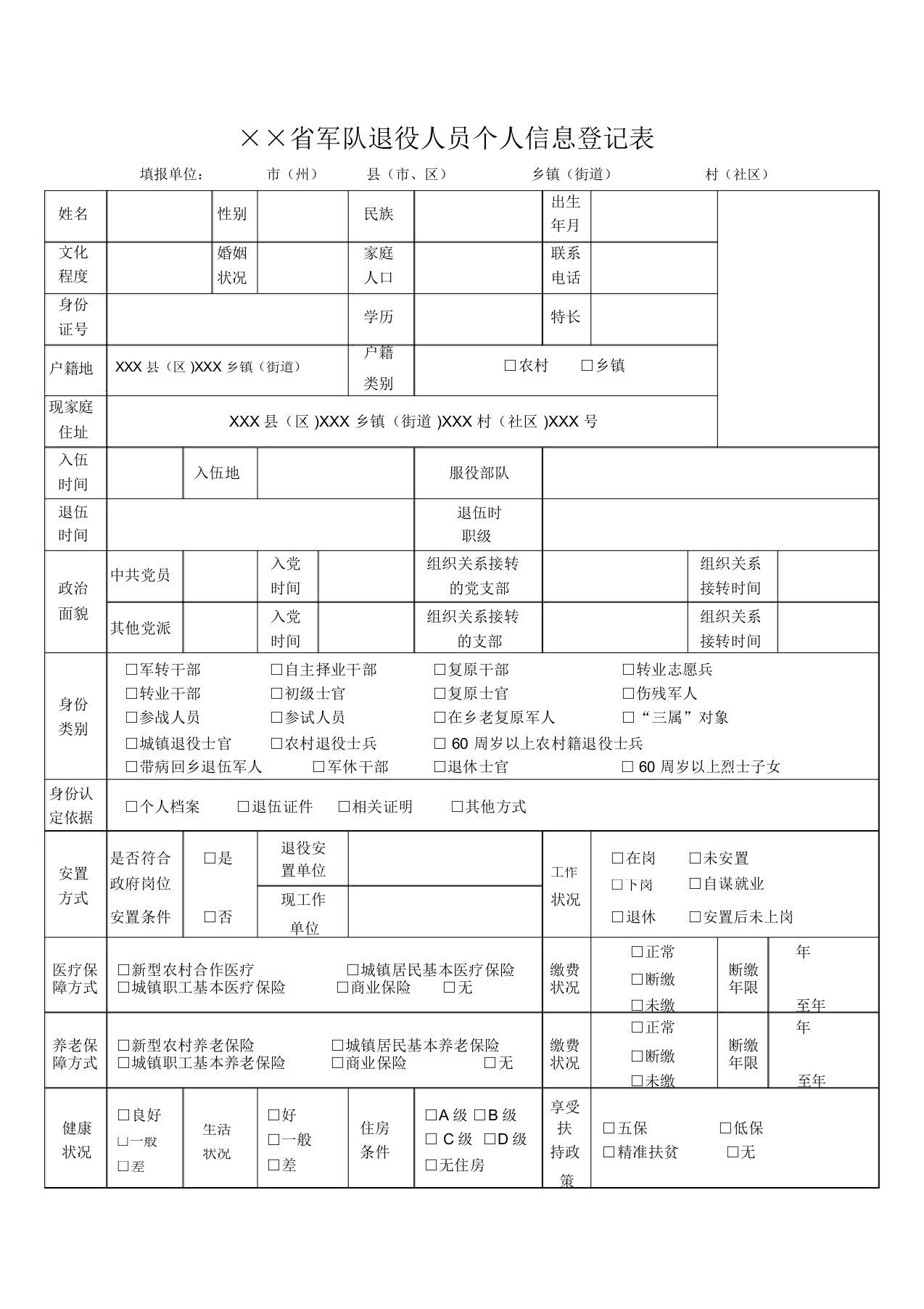 军队退役人员个人信息登记表