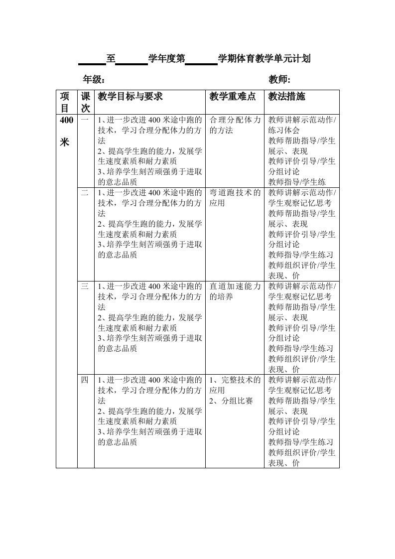 六年级体育第二学期单元计划