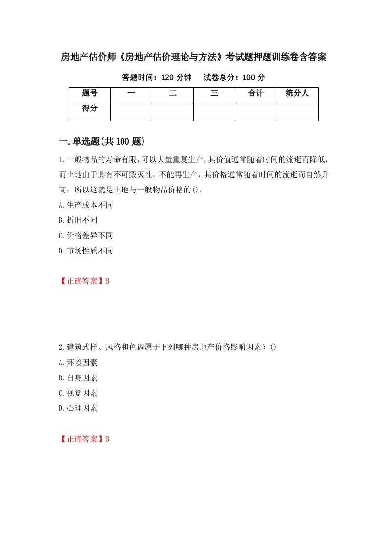 房地产估价师房地产估价理论与方法考试题押题训练卷含答案23