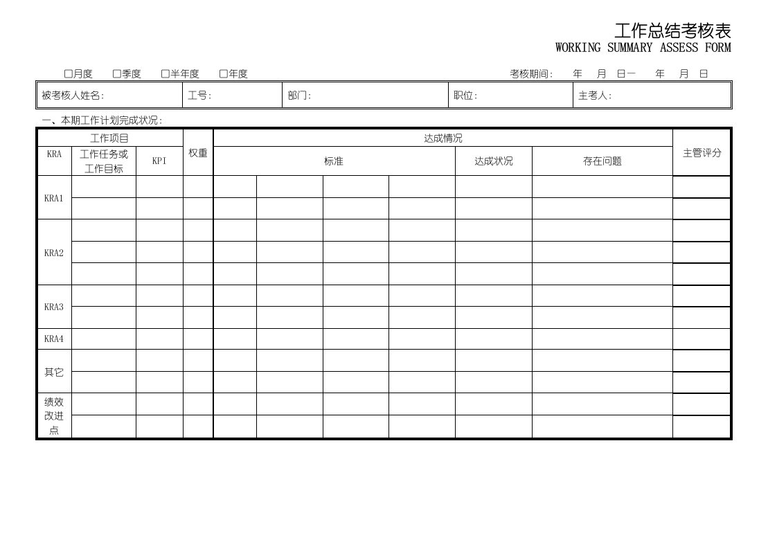 工作总结考核表