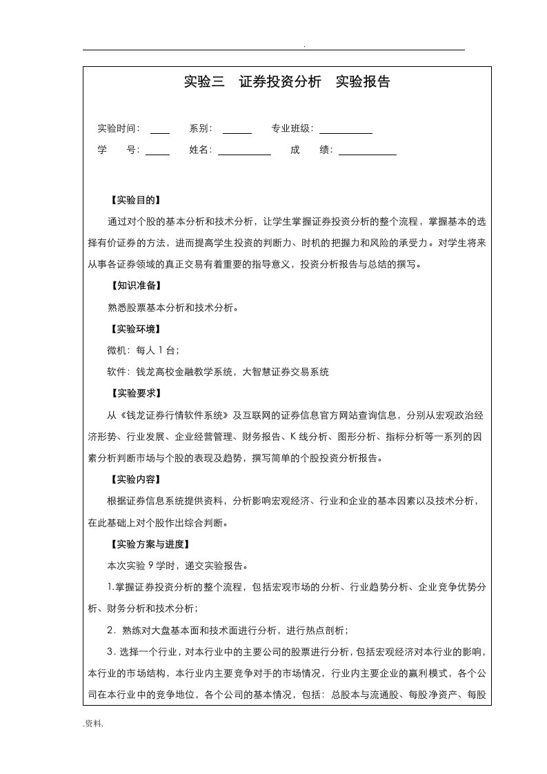 金融投资实验报告三(上海商学院)