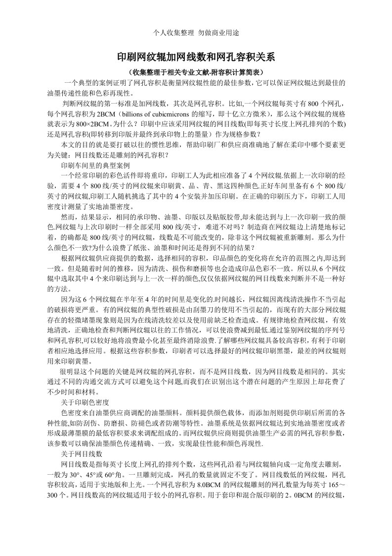 印刷网纹辊加网线数和网孔容积关系