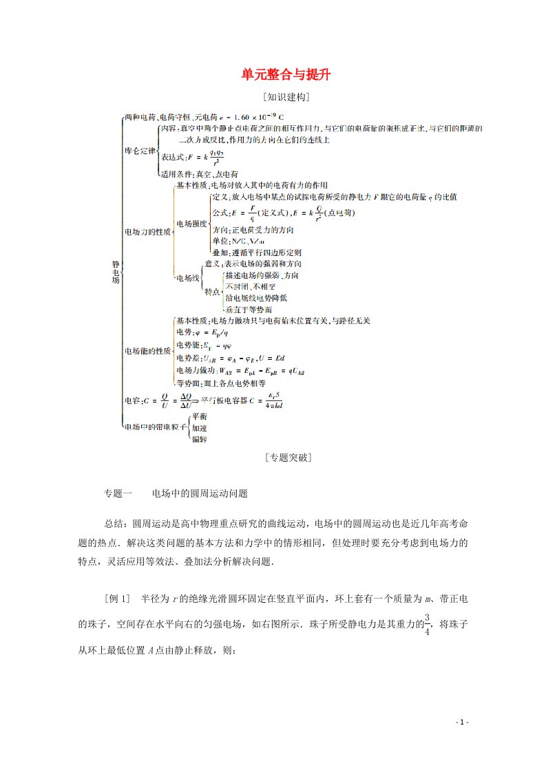 2020_2021学年高中物理第一章静电场单元整合与提升教案教科版选修3_1