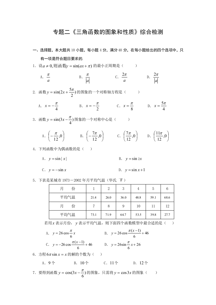 【小学中学教育精选】第1章三角函数的图象和性质综合检测（苏教版必修4）