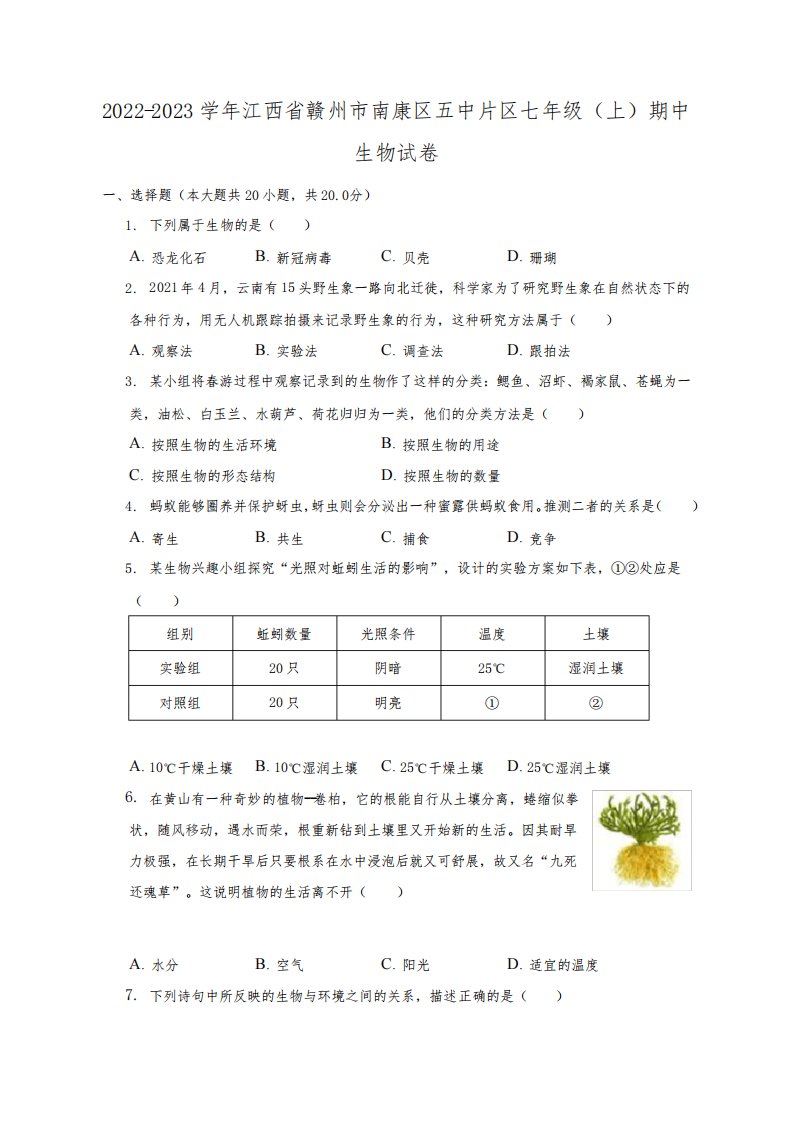 江西省赣州市南康区五中片区2022-2023学年七年级上学期期中生物试卷(含答案)