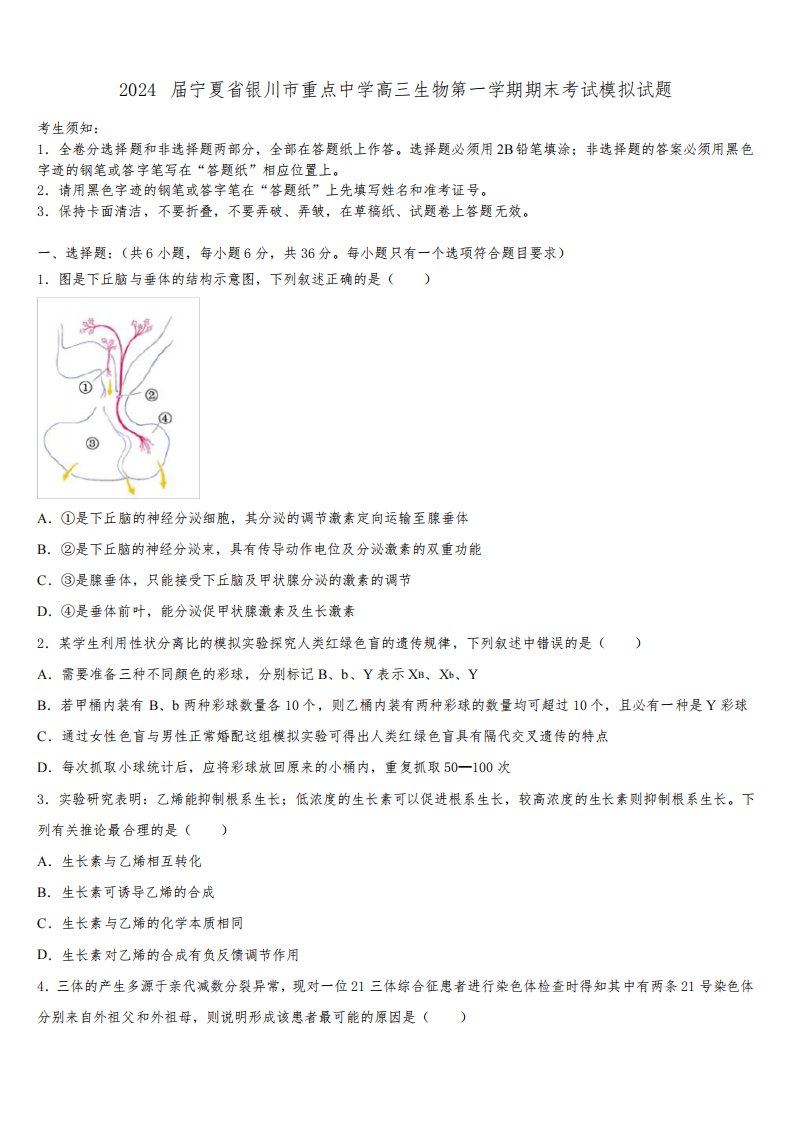 2024届宁夏省银川市重点中学高三生物第一学期期末考试模拟试题含解析