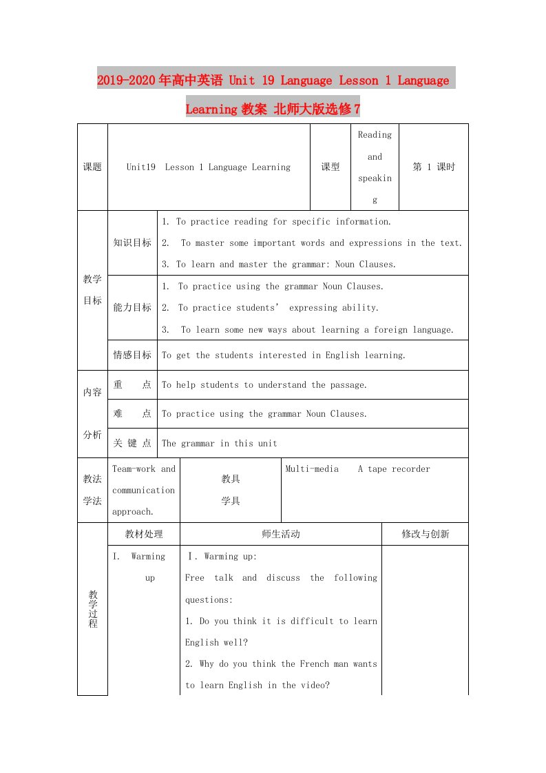 2019-2020年高中英语