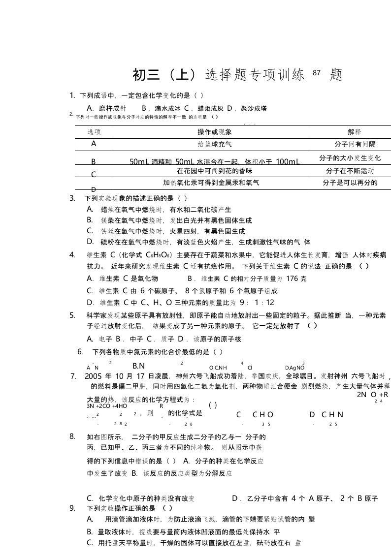 (完整版)九年级化学上册选择题专项训练87题