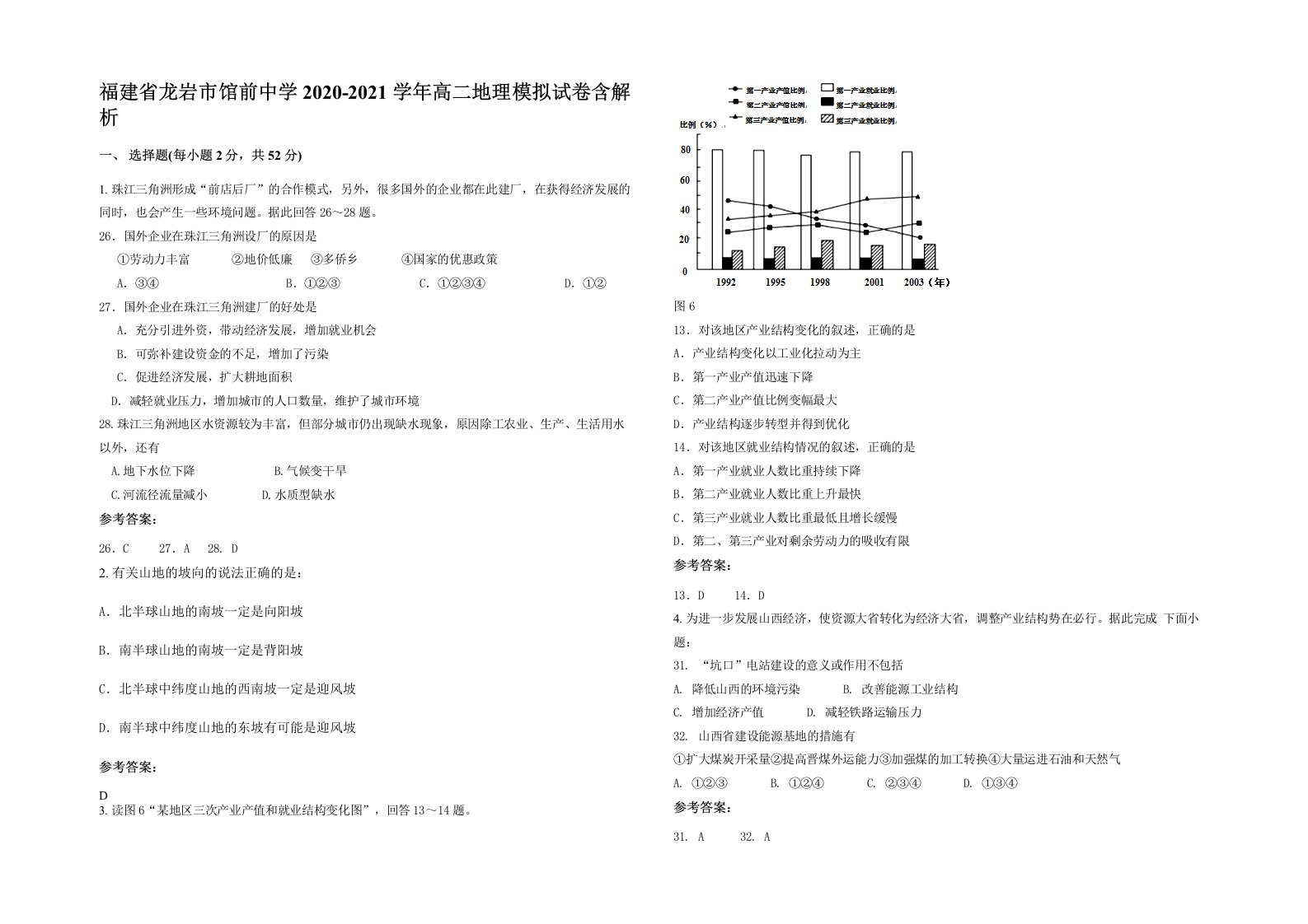 福建省龙岩市馆前中学2020-2021学年高二地理模拟试卷含解析