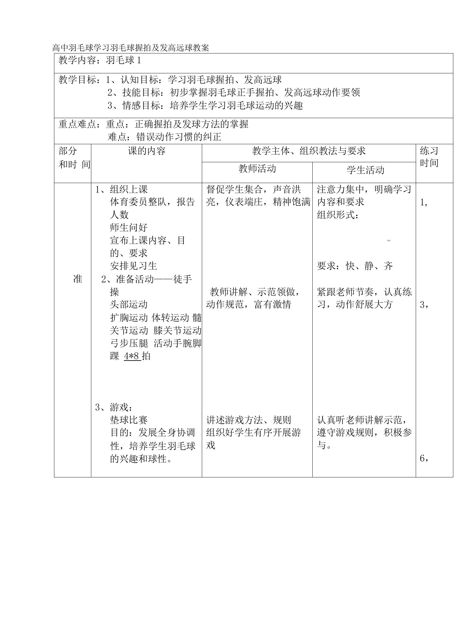 高中羽毛球学习羽毛球握拍及发高远球教案