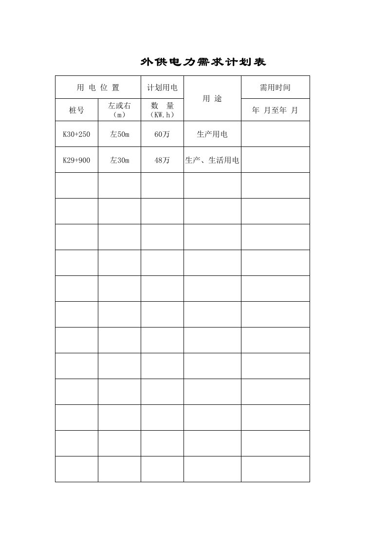 施工组织-表8外供电力需求计划表