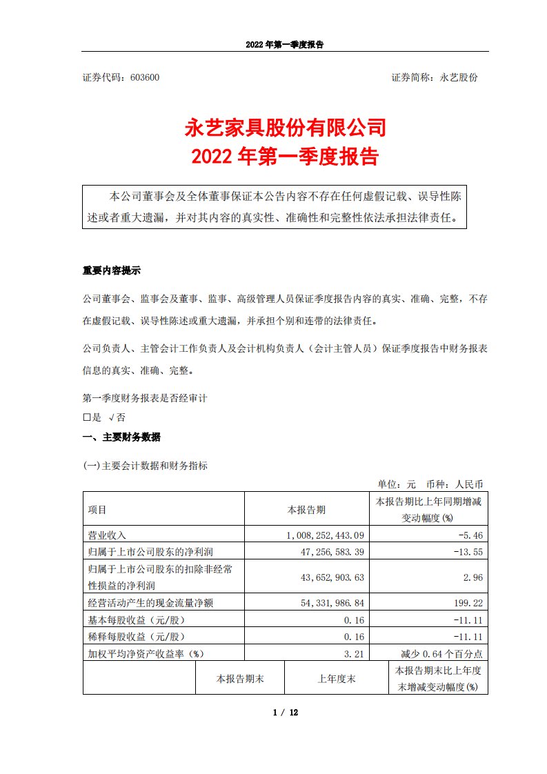 上交所-永艺家具股份有限公司2022年第一季度报告-20220429