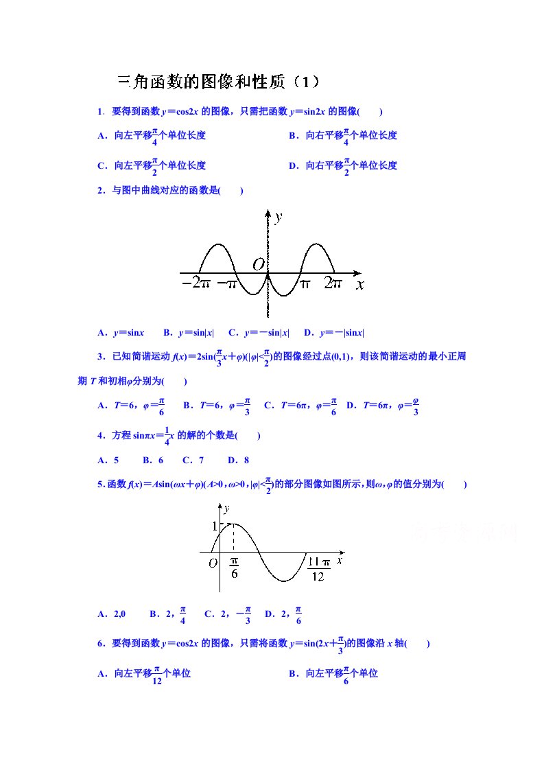 【高考讲义】高三数学《浙江版》必会题型保温行练习：三角函数的图像和性质1