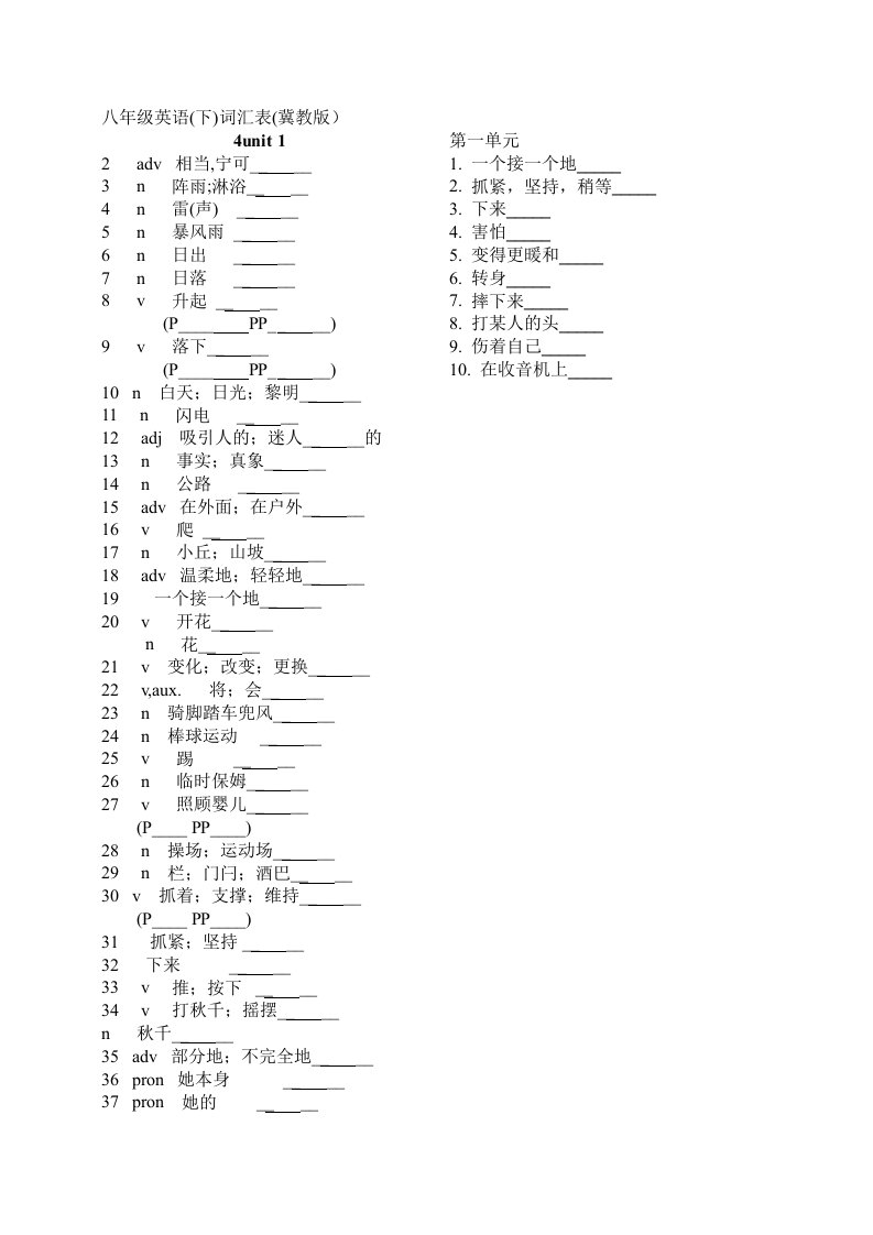 冀教版八年级下英语单词表(汉译英)