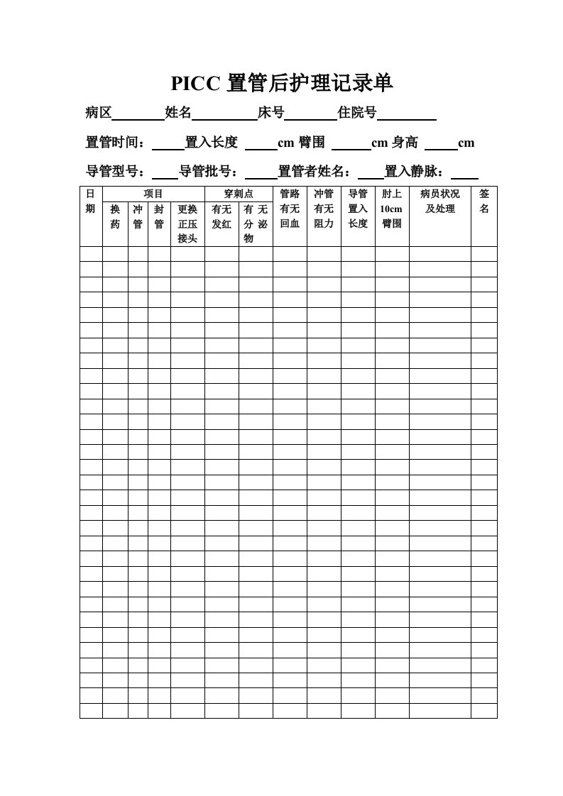 PICC置管后护理记录单