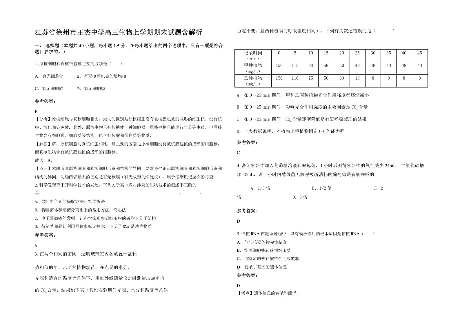 江苏省徐州市王杰中学高三生物上学期期末试题含解析