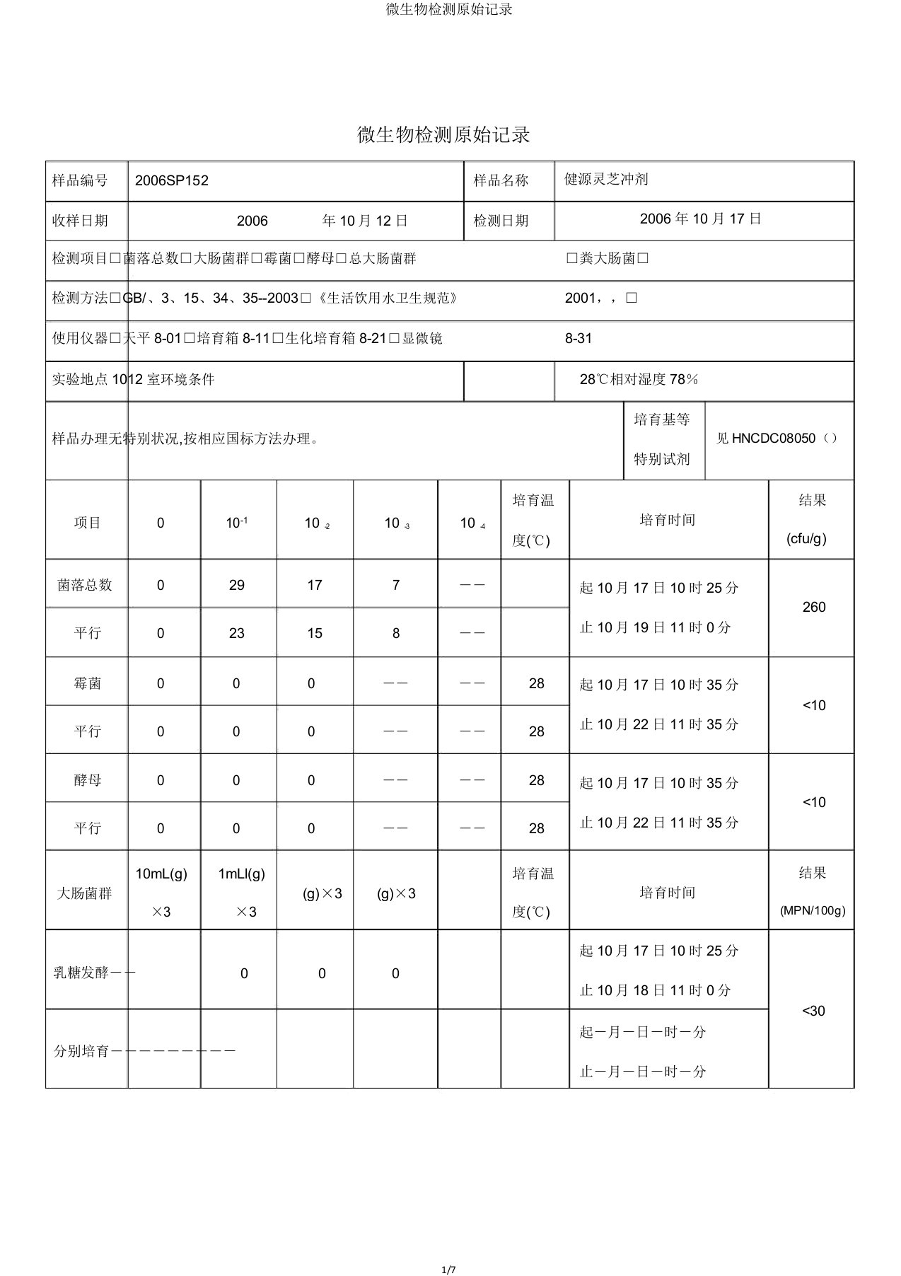 微生物检测原始记录