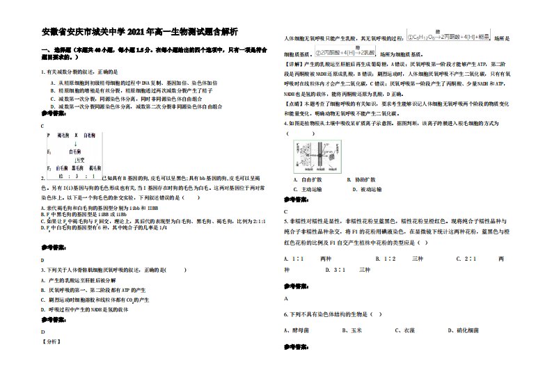 安徽省安庆市城关中学2021年高一生物测试题含解析