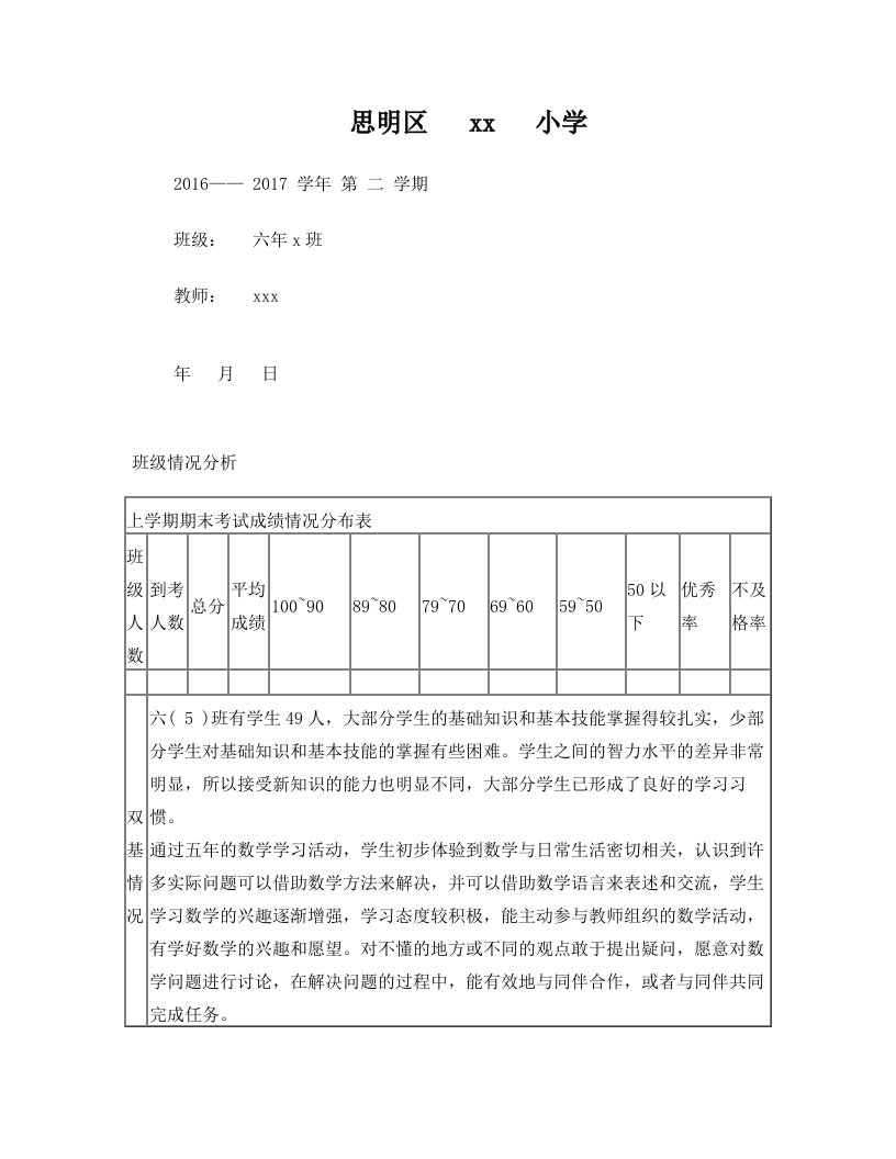 六年级数学教师工作手册(双基+学习能力+习惯分析+导优复查计划)