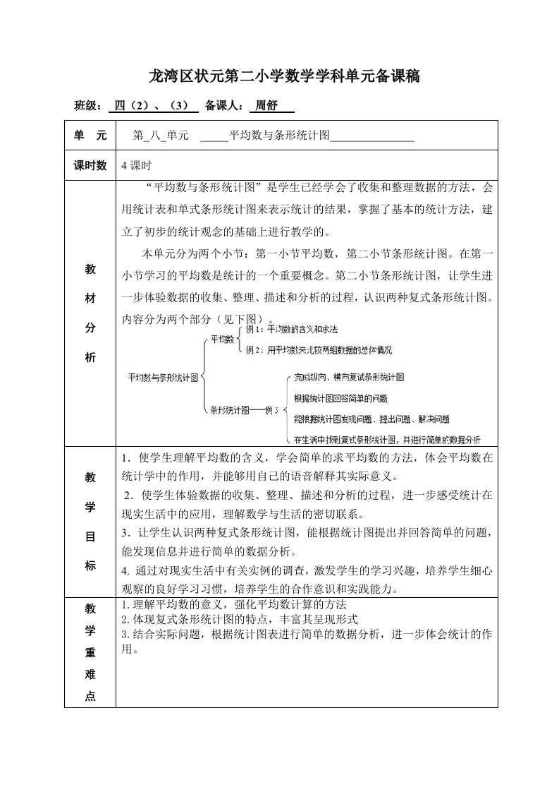 新人教版小学数学四年级下册第八单元平均数与条形统计图