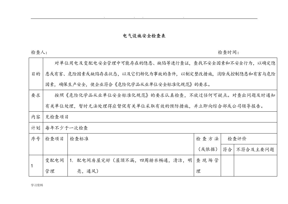 电气设备安全检查表