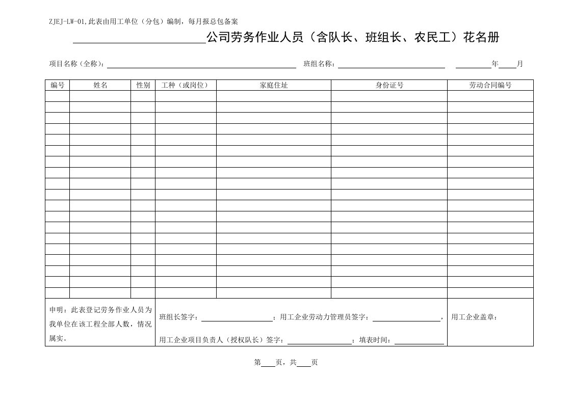 劳务实名制管理标准化表格