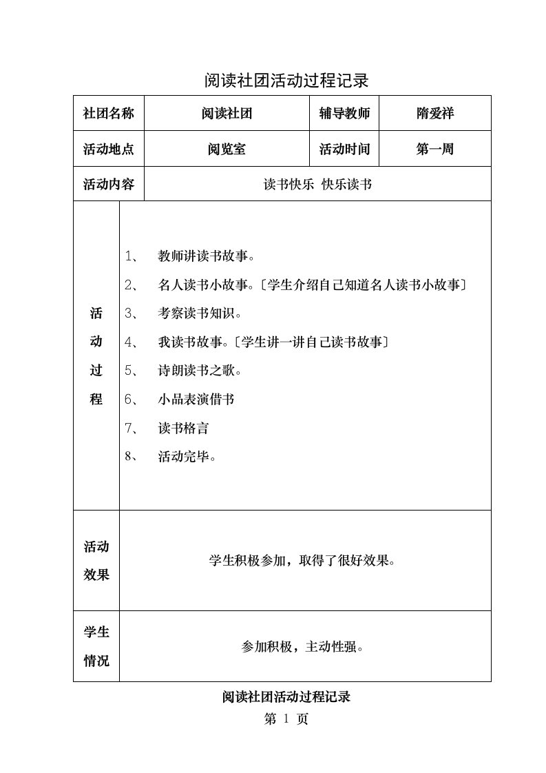 阅读社团社团活动记录