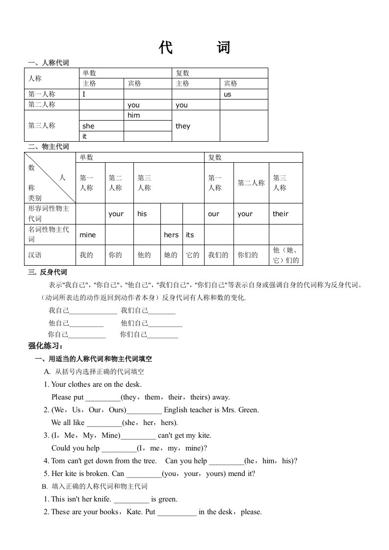 初中英语语法代词教案