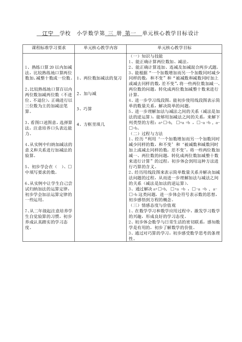 江宁学校小学数学第三册第一单元核心教学目标设计