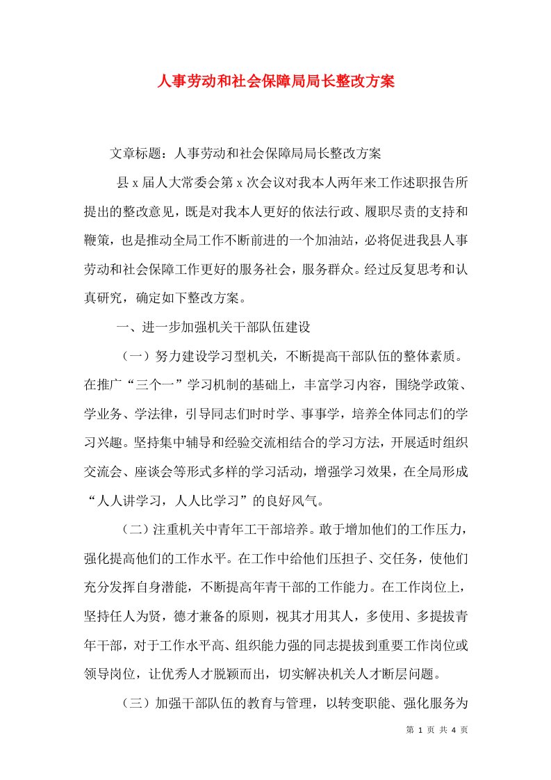 人事劳动和社会保障局局长整改方案（二）