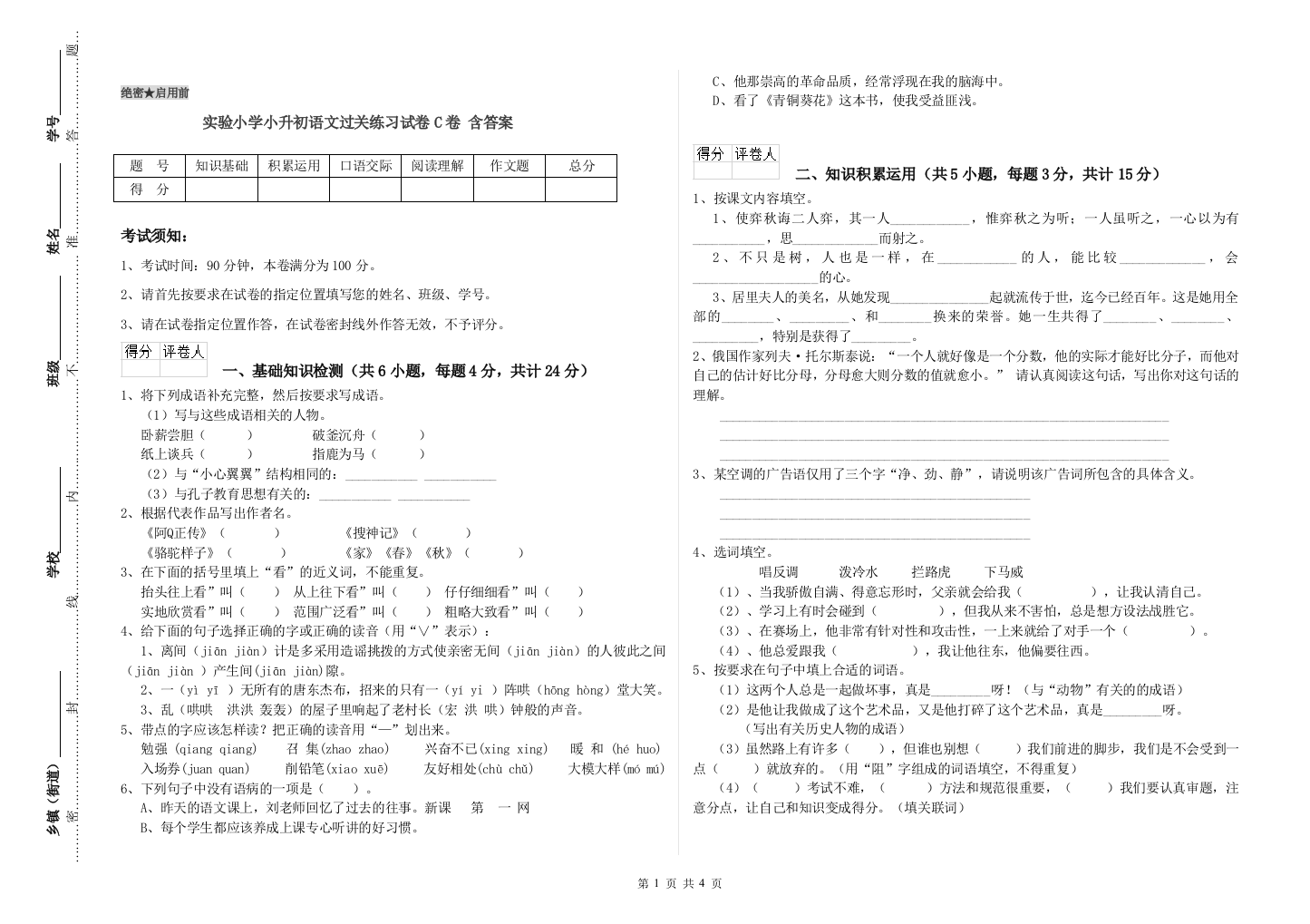 实验小学小升初语文过关练习试卷C卷-含答案