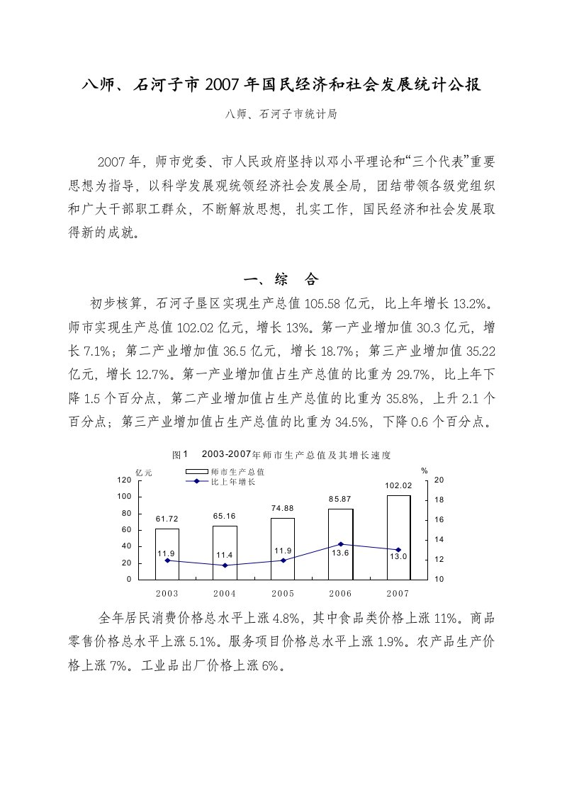 八师、石河子市2007年国民经济和社会发展统计公报