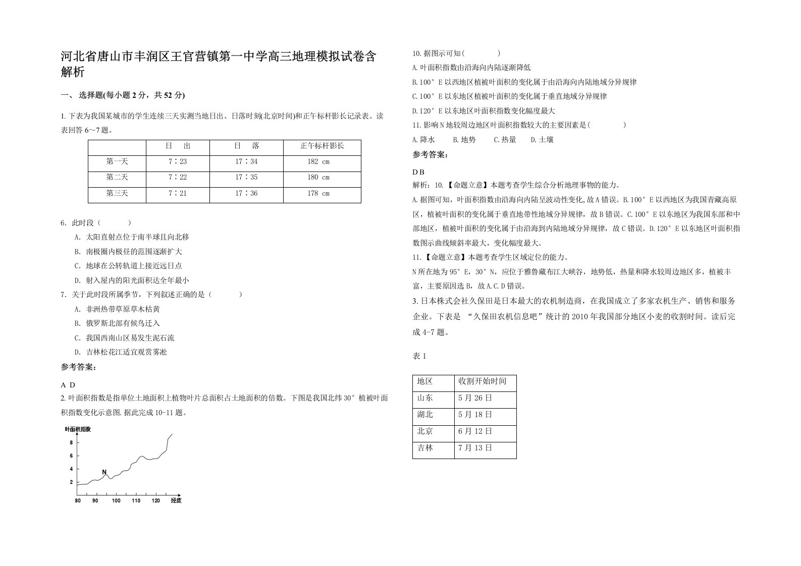 河北省唐山市丰润区王官营镇第一中学高三地理模拟试卷含解析