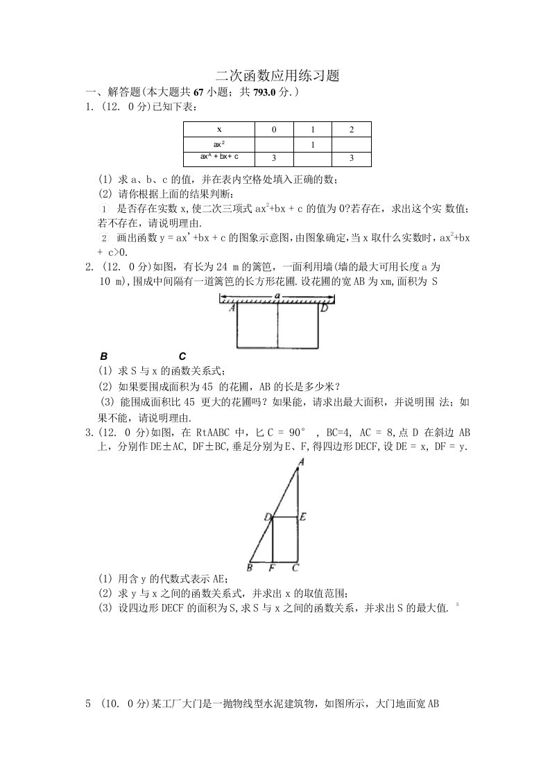 二次函数应用练习题