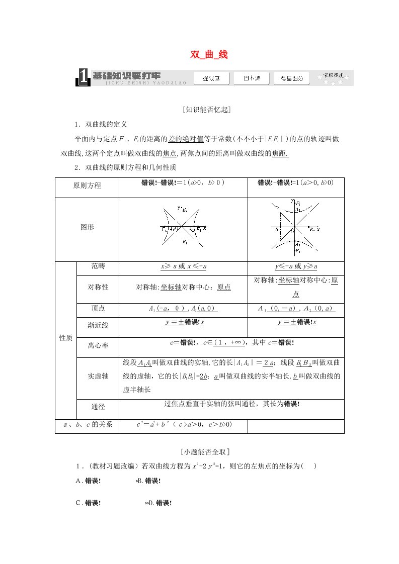 【三维设计】高考数学一轮复习-(基础知识+高频考点+解题训练)双曲线教学案