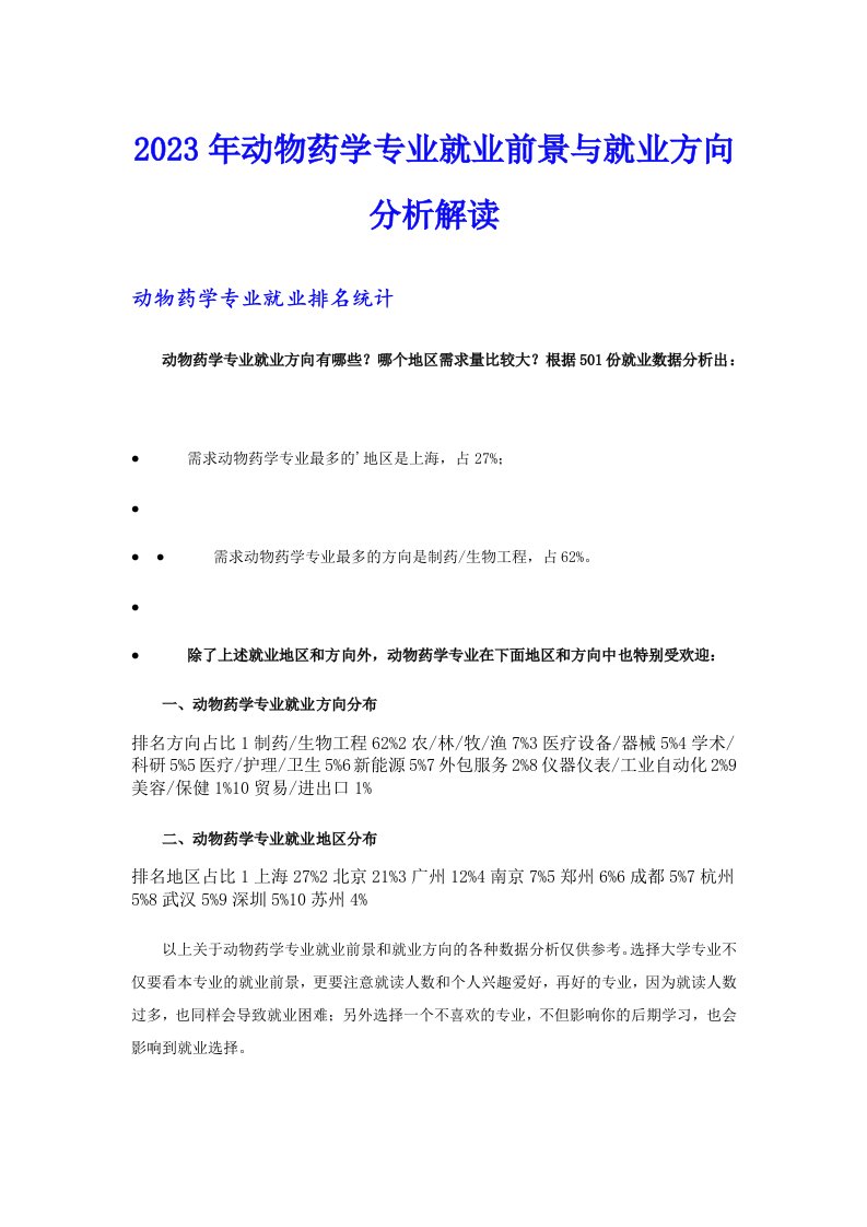 2023年动物药学专业就业前景与就业方向分析解读