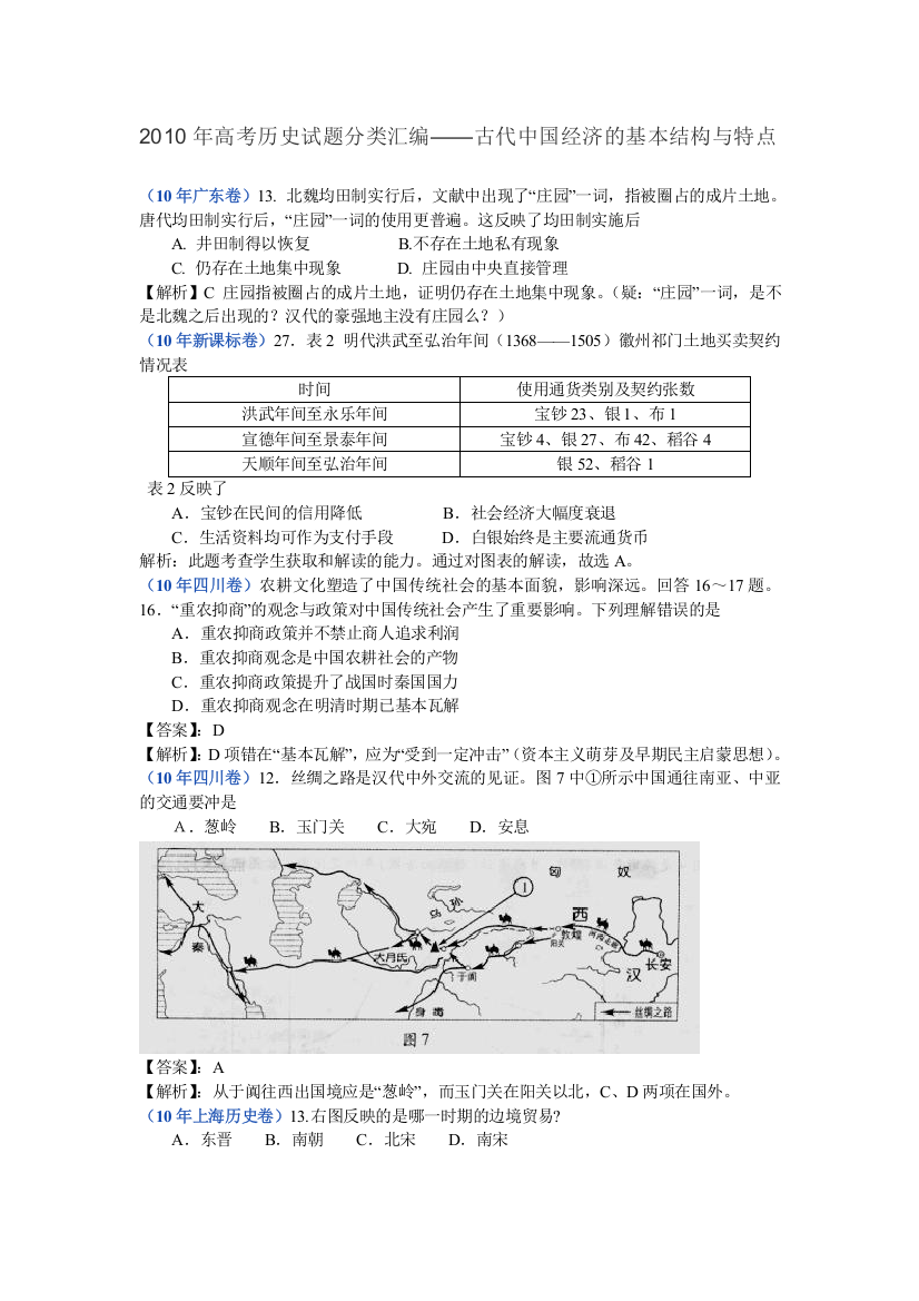 2010年高考历史试题分类汇编——古代中国经济的基本结构与特点