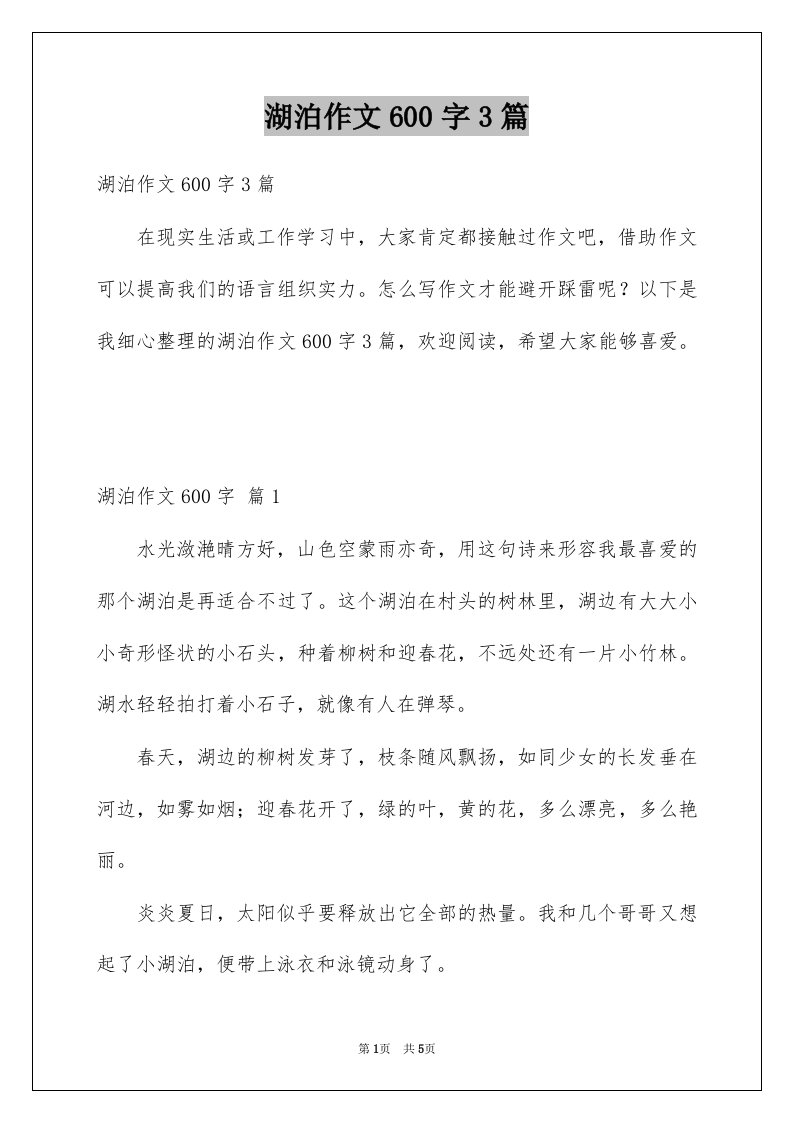 湖泊作文600字3篇