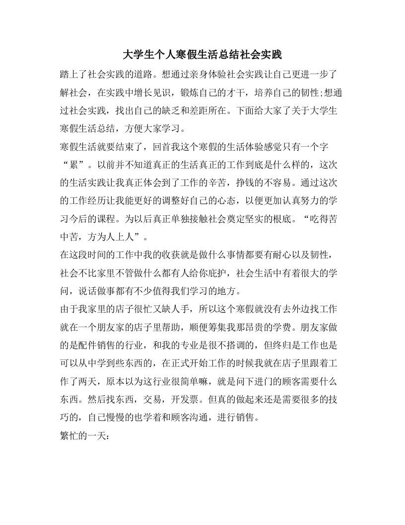 大学生个人寒假生活总结社会实践