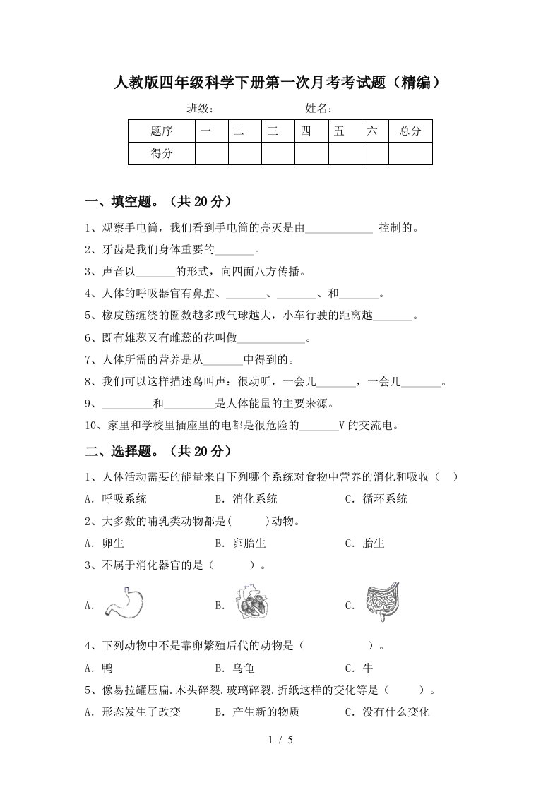 人教版四年级科学下册第一次月考考试题精编