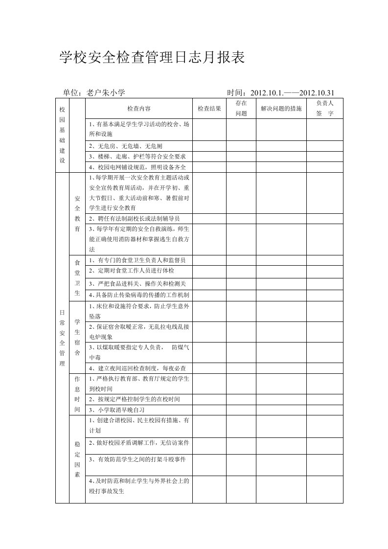 学校安全检查管理日志月报表10