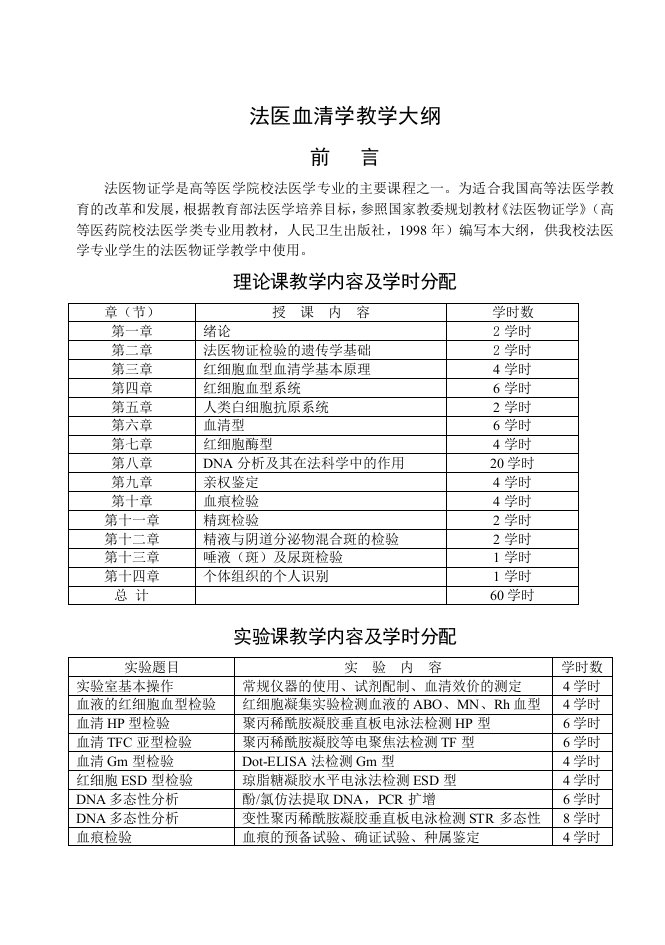 法医血清学教学大纲