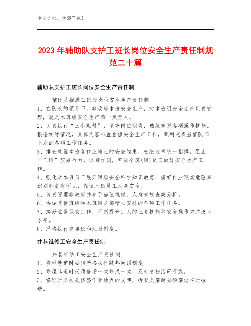 2023年辅助队支护工班长岗位安全生产责任制规范二十篇