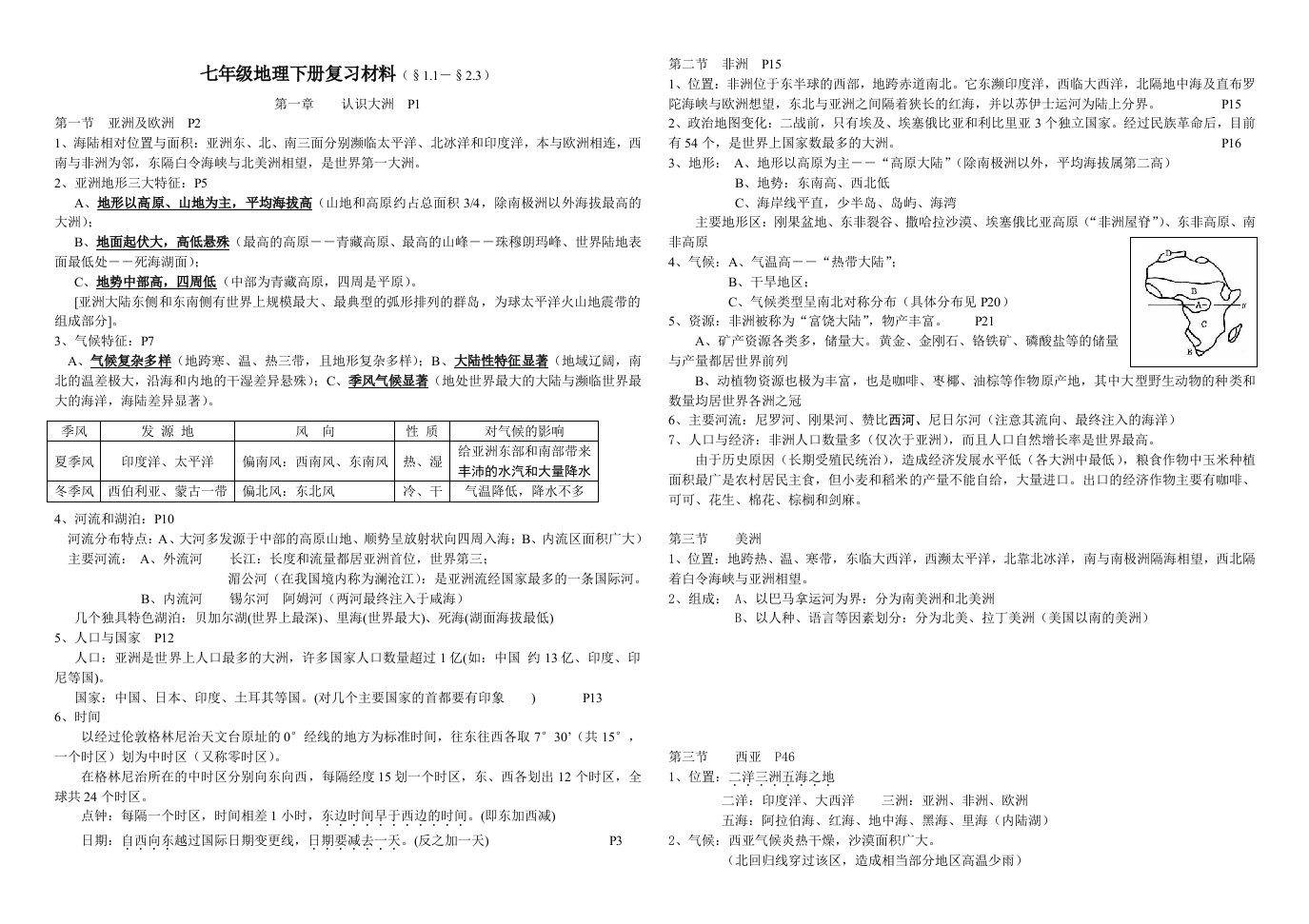 七年级地理下册复习