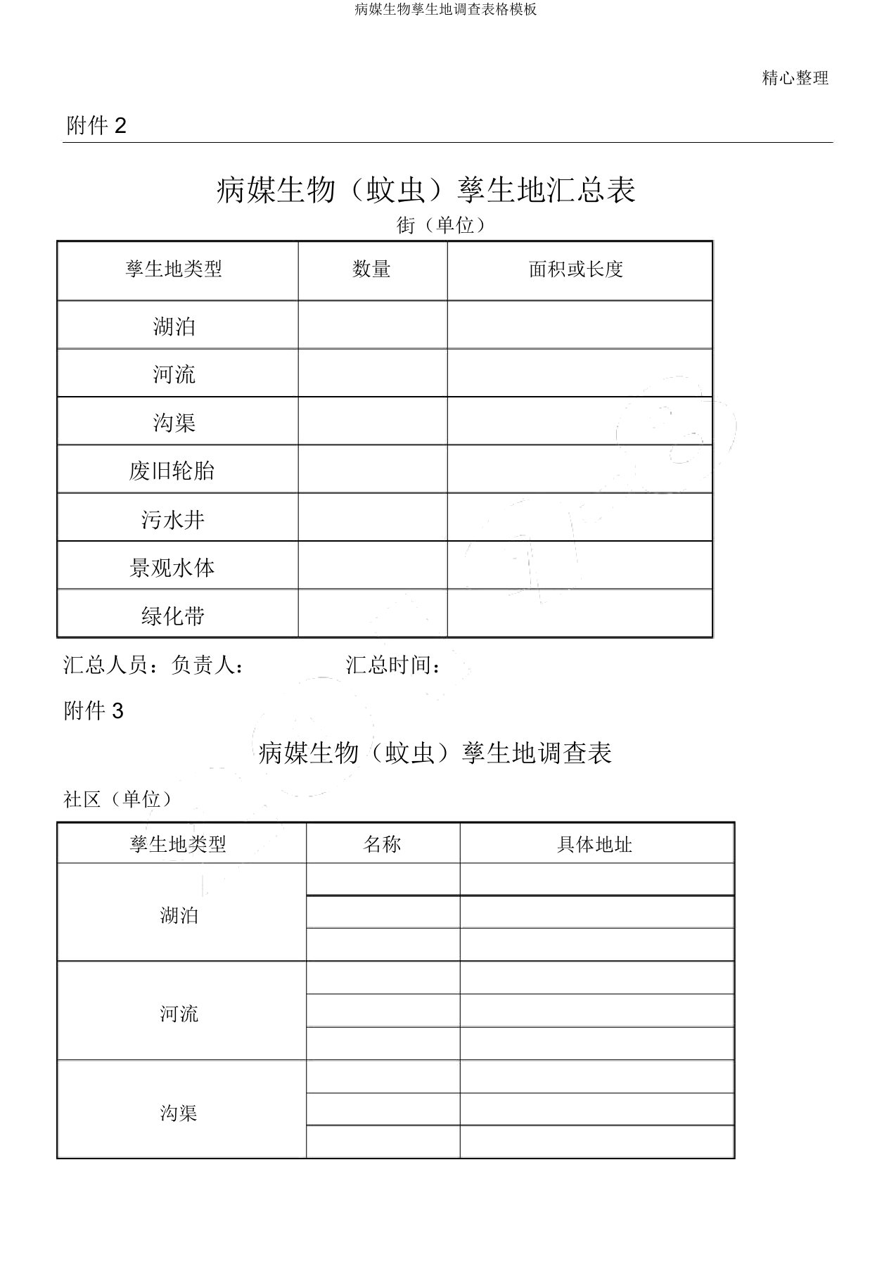 病媒生物孳生地调查表格模板