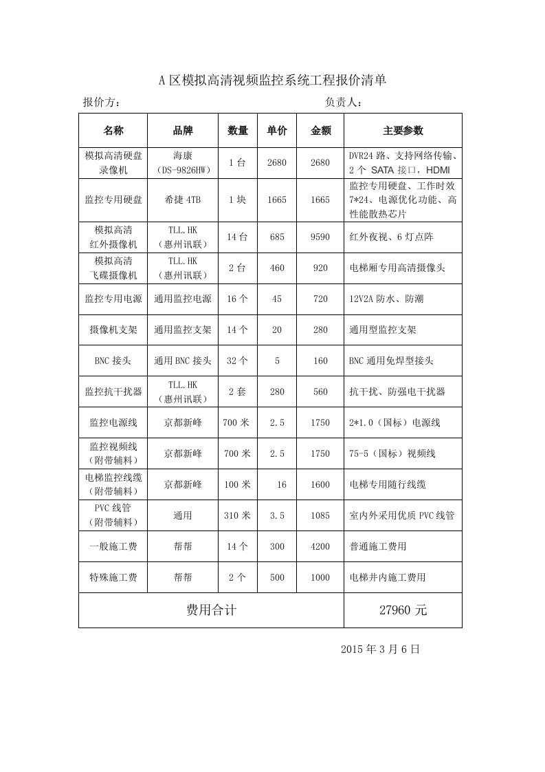 视频监控系统工程报价清单